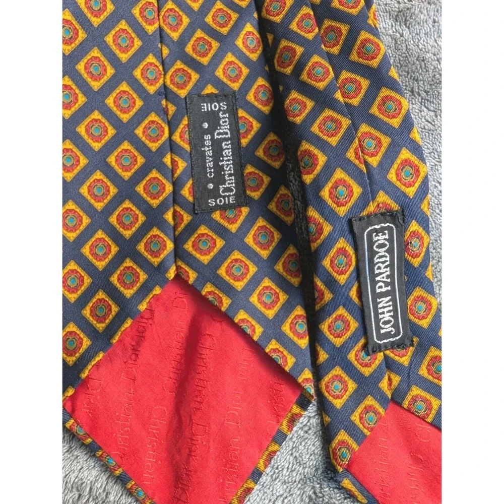 Vintage Christian Dior Silk‎ Tie Geometric Diamond Pattern Navy Yellow Red Green